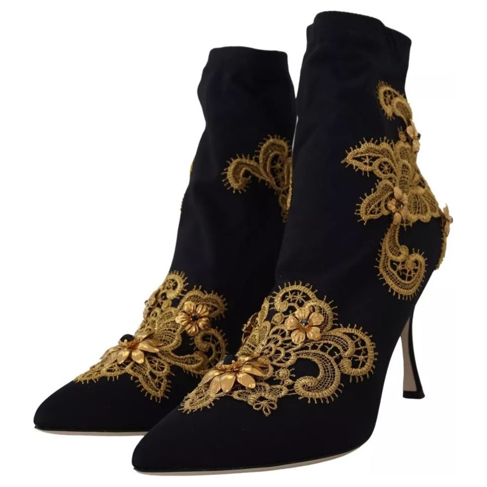 Black Gold Embroidery Slip On Boots Shoes