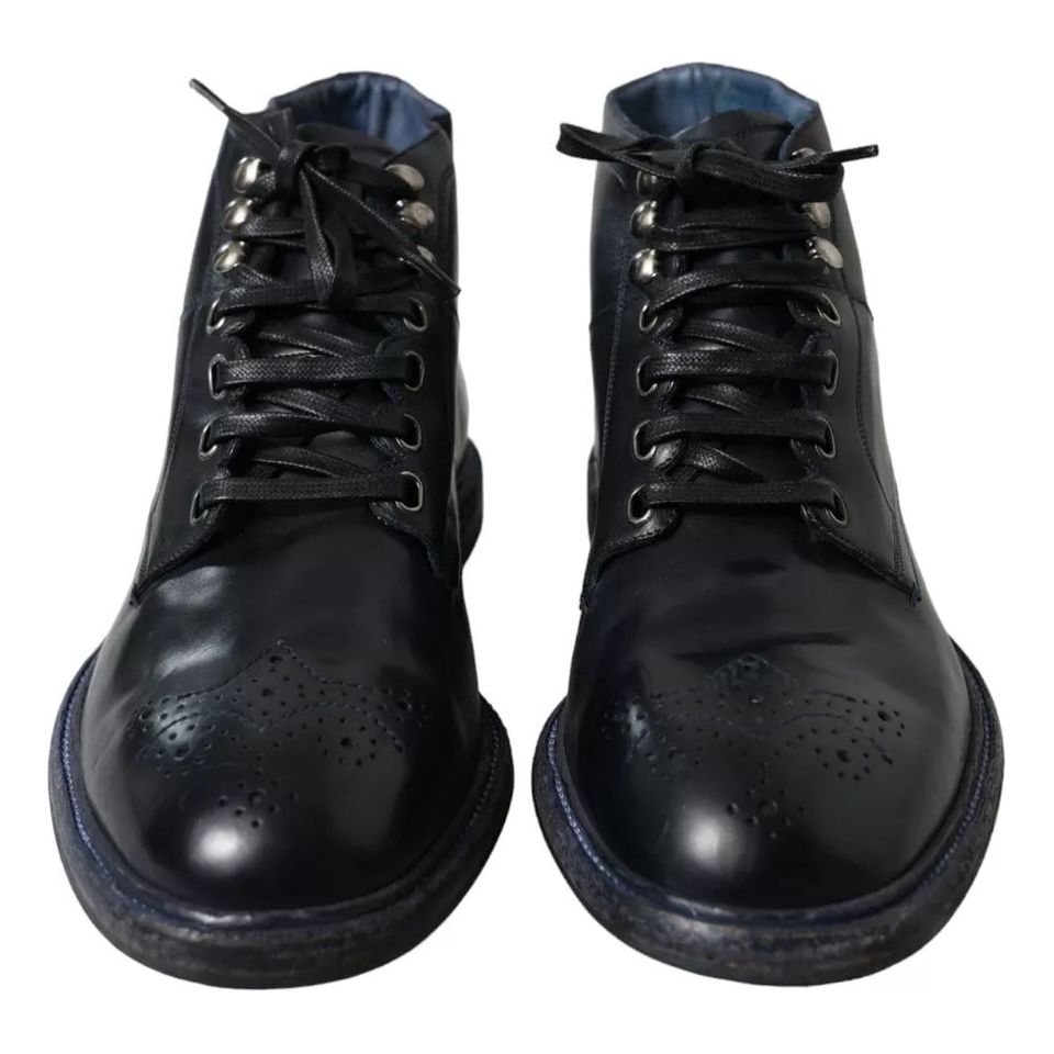 Navy Blue Leather Lace Up Ankle Boots Shoes