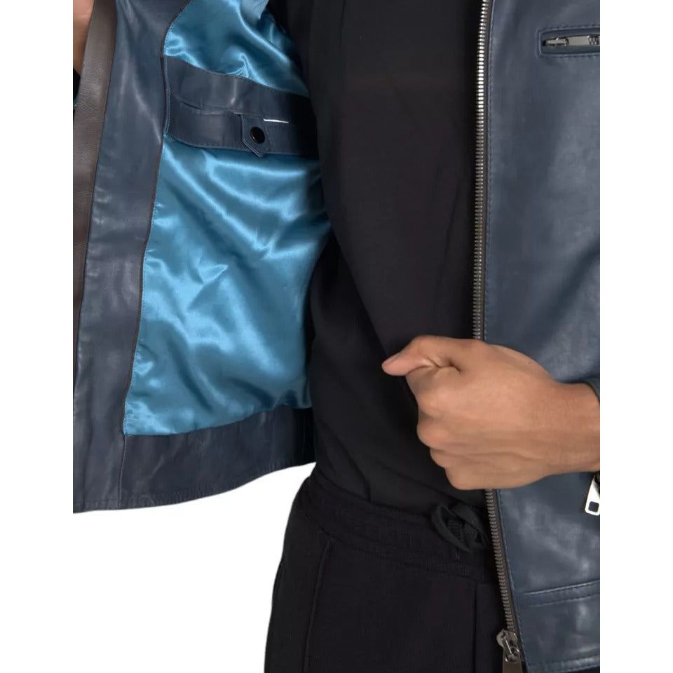 Dolce & Gabbana Blue Leather Full Zip Biker Blouson Jacket blue-leather-full-zip-biker-blouson-jacket