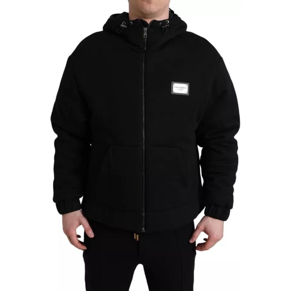 Black Cotton Hooded Logo Bomber Jacket