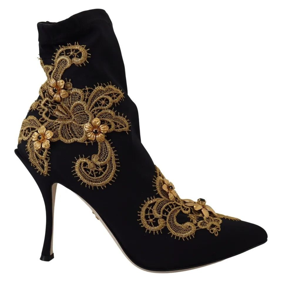 Black Gold Embroidery Slip On Boots Shoes