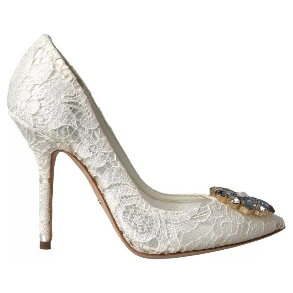 White Taormina Lace Crystal Heel Pumps Shoes