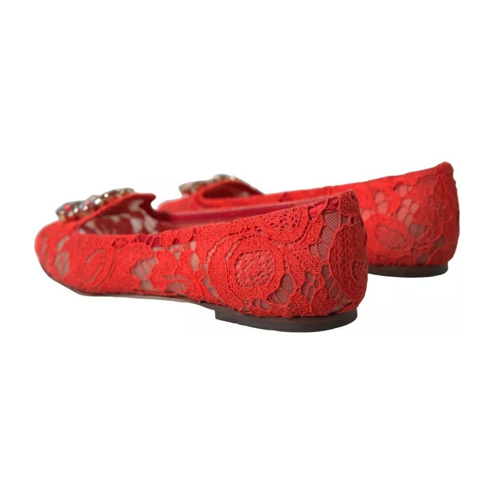 Red Lace Crystal Ballet Loafers Shoes
