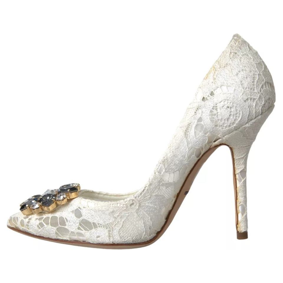 White Taormina Lace Crystal Heel Pumps Shoes