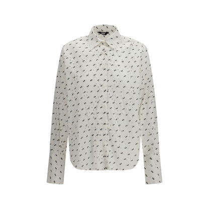 GCDS White Cotton Pattern Shirt with all-over logo embroidery, broderie anglaise fabric, buttoned cuffs, and classic collar.