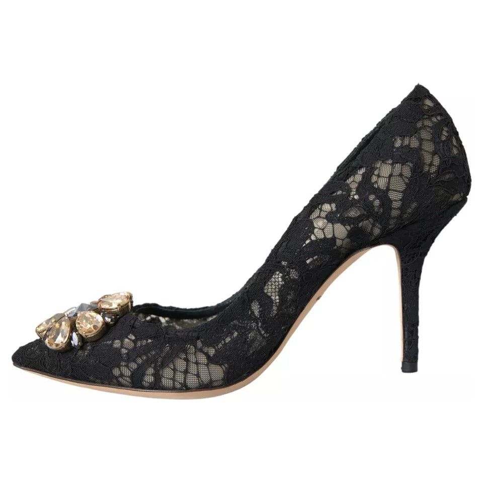 Black Taormina Lace Crystal Heel Pumps Shoes