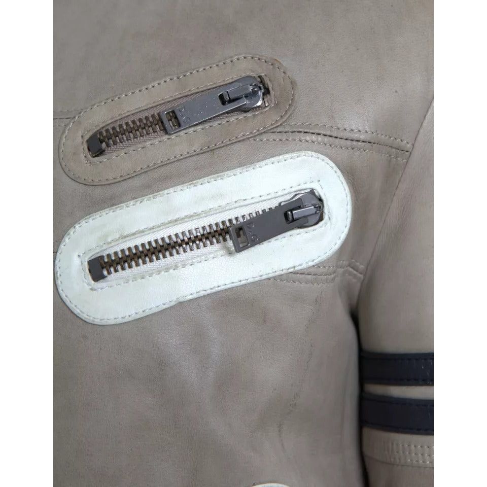 Beige Leather Full Zip Biker Coat Jacket