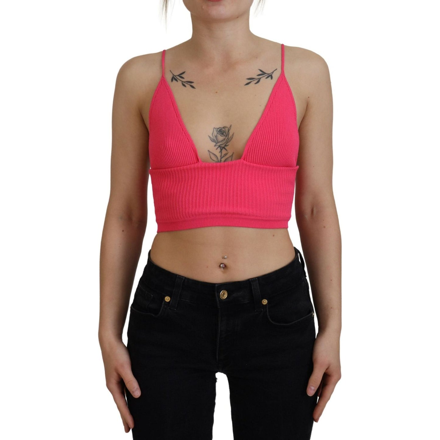 Dsquared² Pink Ribbed Knit Bra Cropped Spaghetti Strap Top pink-ribbed-knit-bra-cropped-spaghetti-strap-top
