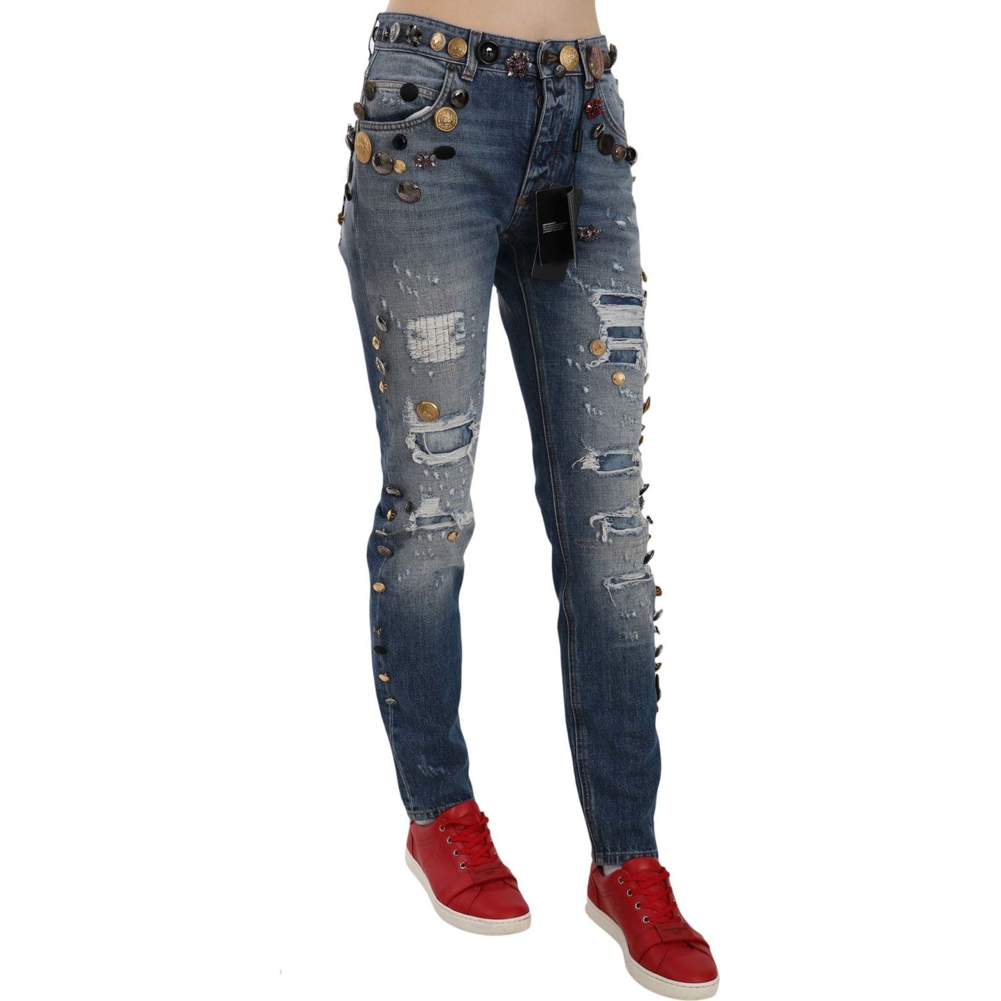 Dolce & Gabbana Crystal Embellished Luxury Denim Jeans distressed-embellished-buttons-denim-pants-jeans