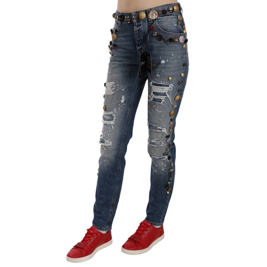 Dolce & Gabbana Crystal Embellished Luxury Denim Jeans distressed-embellished-buttons-denim-pants-jeans