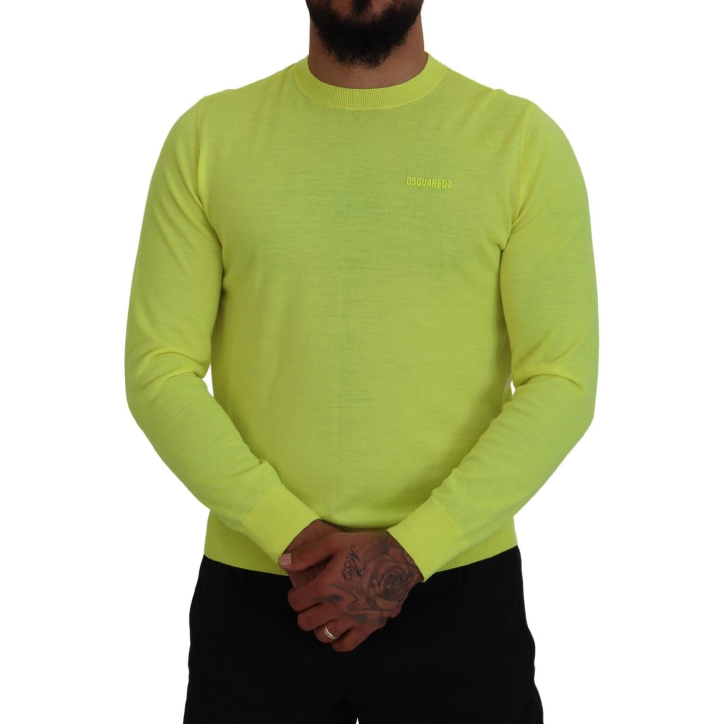 Dsquared² Yellow Green Long Sleeves Men Pullover Sweater yellow-green-long-sleeves-men-pullover-sweater