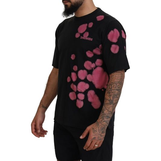 Black Pink Cotton Short Sleeves Crewneck T-shirt