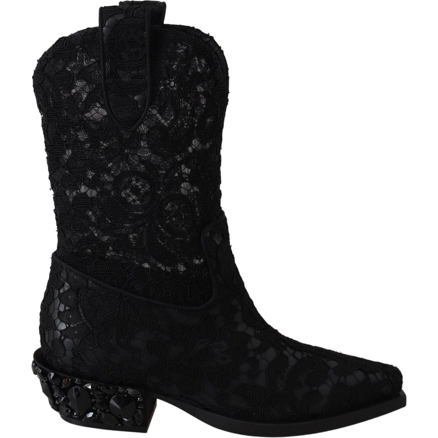 Dolce & Gabbana Elegant Viscose Leather Ankle Boots with Crystals black-lace-taormina-ankle-cowboy-crystal-shoes