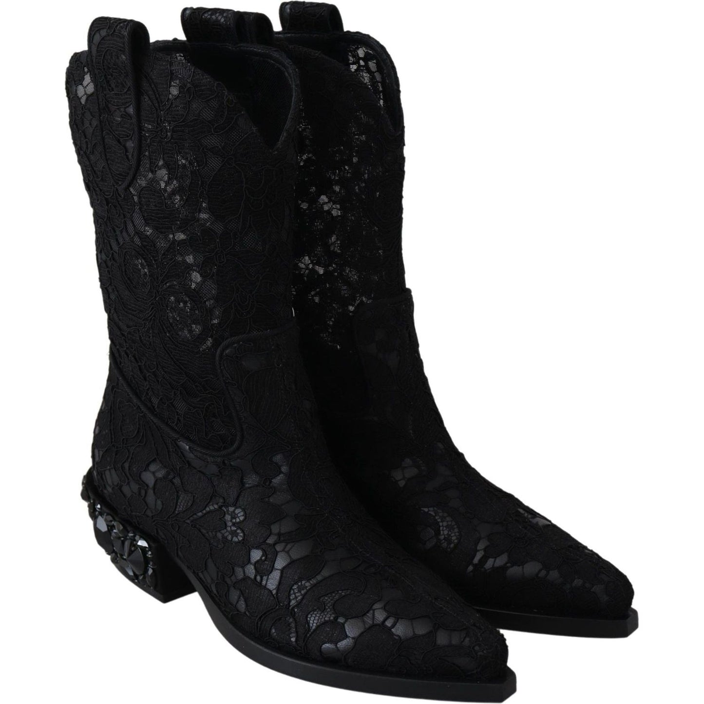 Dolce & Gabbana Elegant Viscose Leather Ankle Boots with Crystals black-lace-taormina-ankle-cowboy-crystal-shoes