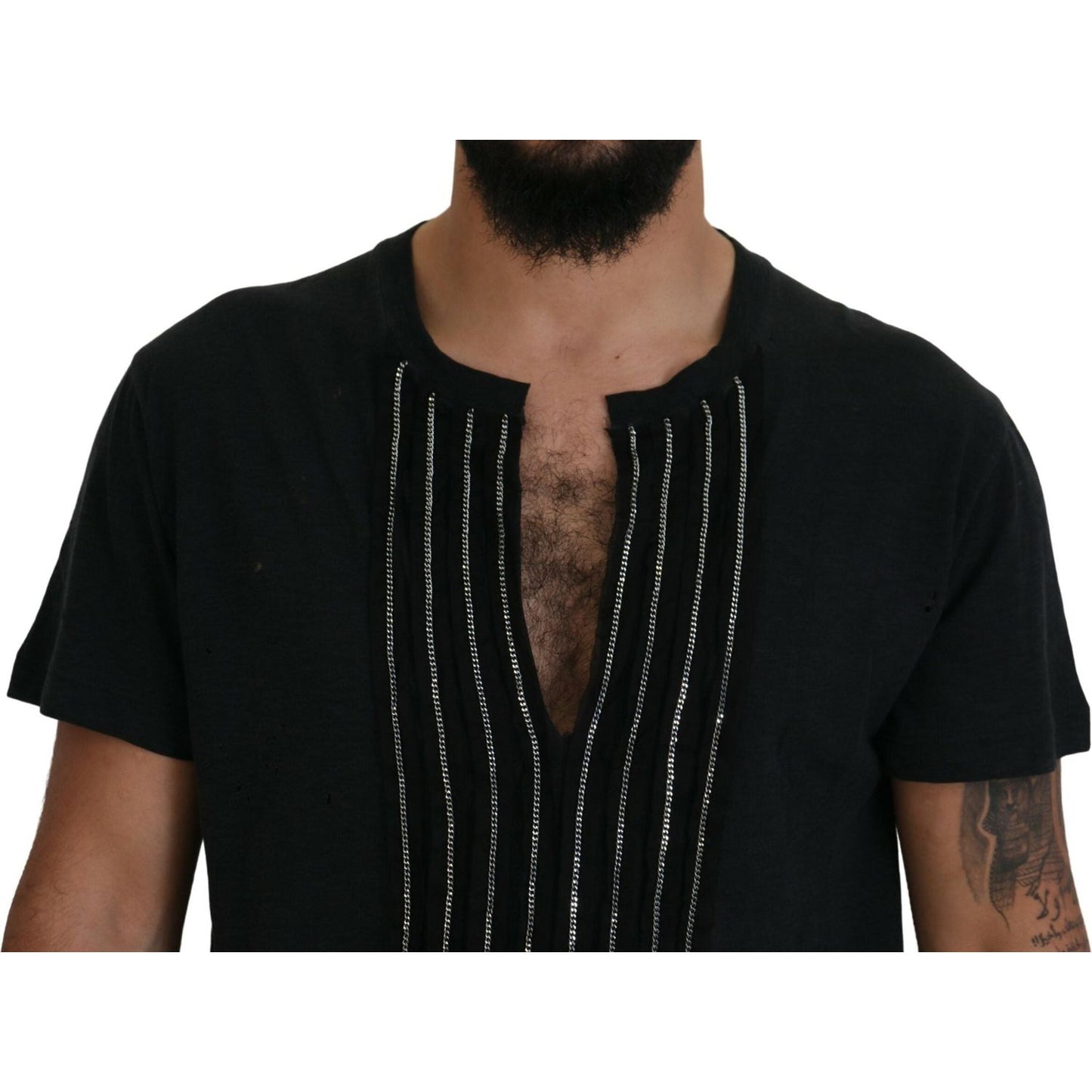 Dsquared² Black Chain Embellished Cotton Short Sleeve T-shirt black-chain-embellished-cotton-short-sleeve-t-shirt