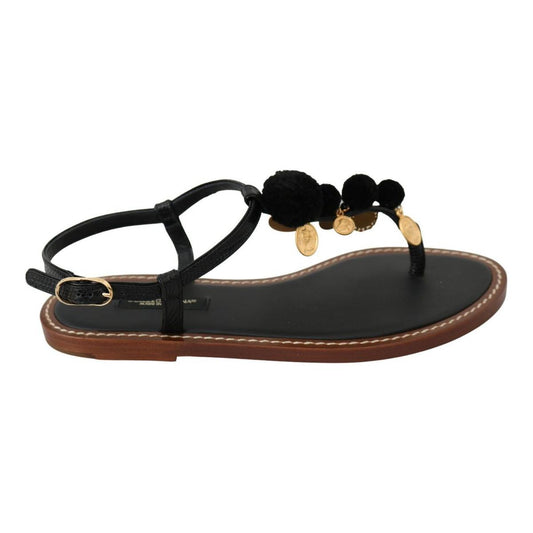 Dolce & Gabbana Pom Pom Flip Flop Ankle Strap Flats black-leather-coins-flip-flops-sandals-shoes