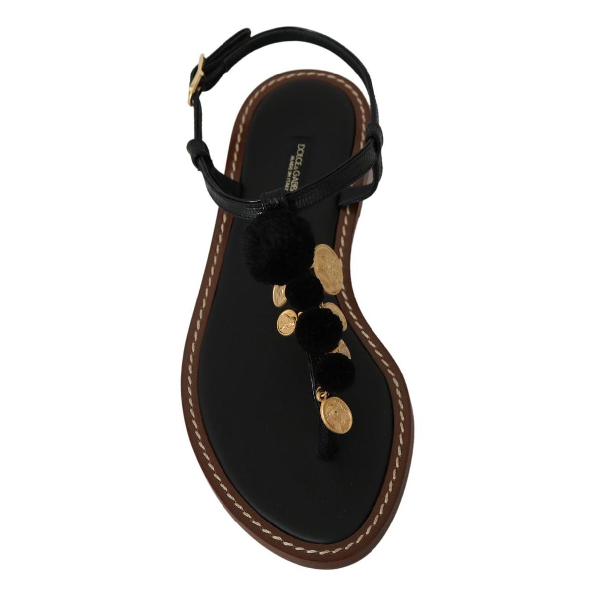 Dolce & Gabbana Pom Pom Flip Flop Ankle Strap Flats black-leather-coins-flip-flops-sandals-shoes