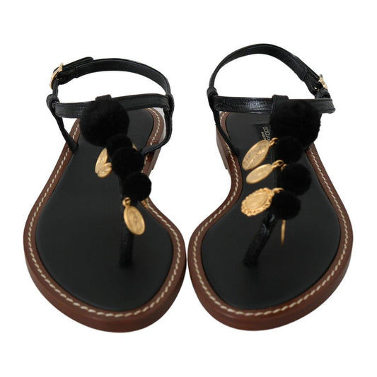 Dolce & Gabbana Pom Pom Flip Flop Ankle Strap Flats black-leather-coins-flip-flops-sandals-shoes IMG_0157-scaled-ee5edd55-cc1.jpg