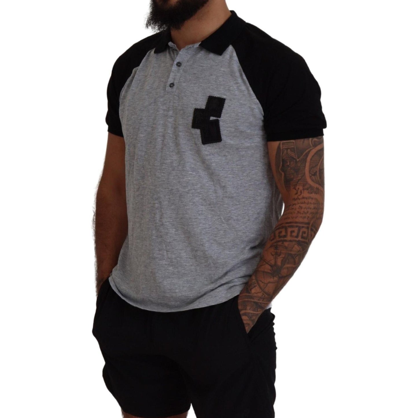 Dsquared² Gray Black Cotton Short Sleeves Collared T-shirt gray-black-cotton-short-sleeves-collared-t-shirt