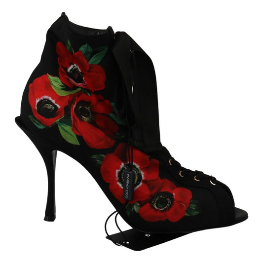 Dolce & Gabbana Elegant Floral Heel Booties black-red-roses-ankle-booties-shoes