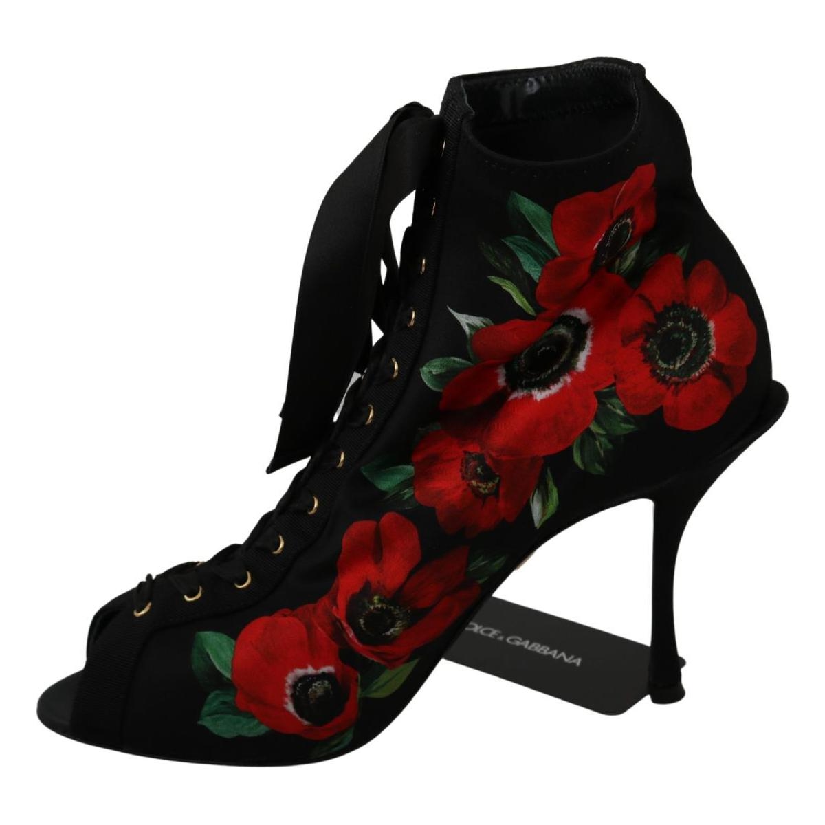 Dolce & Gabbana Elegant Floral Heel Booties black-red-roses-ankle-booties-shoes