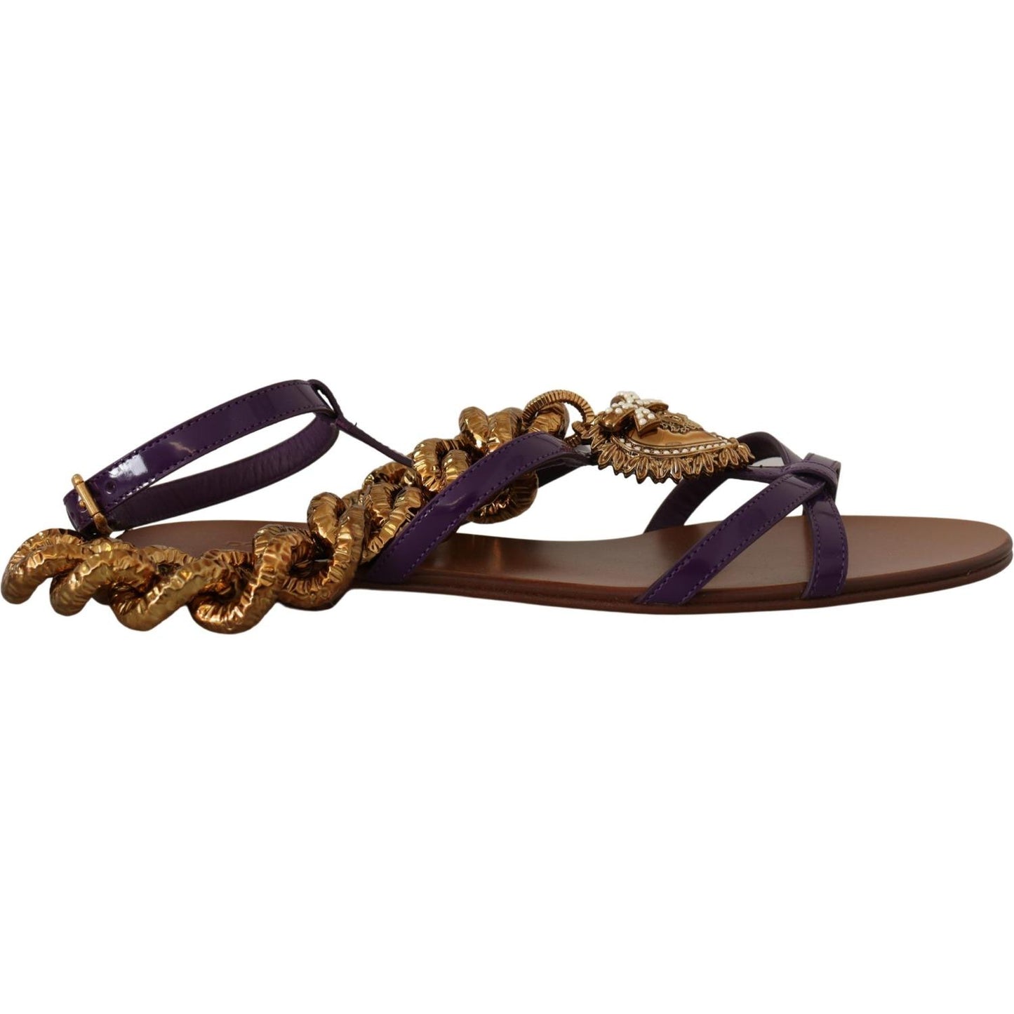 Dolce & Gabbana Purple Heart Chain Gladiator Flats purple-leather-devotion-flats-sandals-shoes
