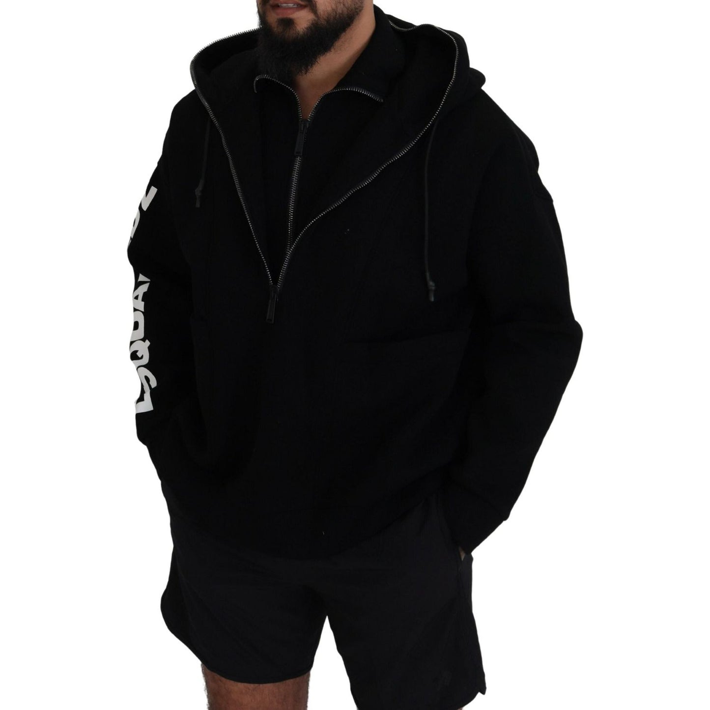 Dsquared² Black Hooded Printed Sleeves Double Zip Sweater black-hooded-printed-sleeves-double-zip-sweater