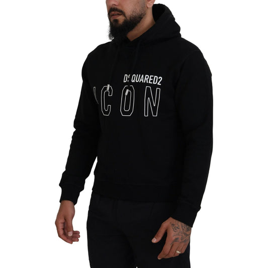 Black Cotton Hooded Printed Men Pullover Sweater