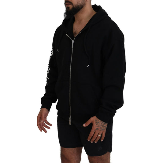 Black Hooded Full Zip Printed Sleeves Sweater
