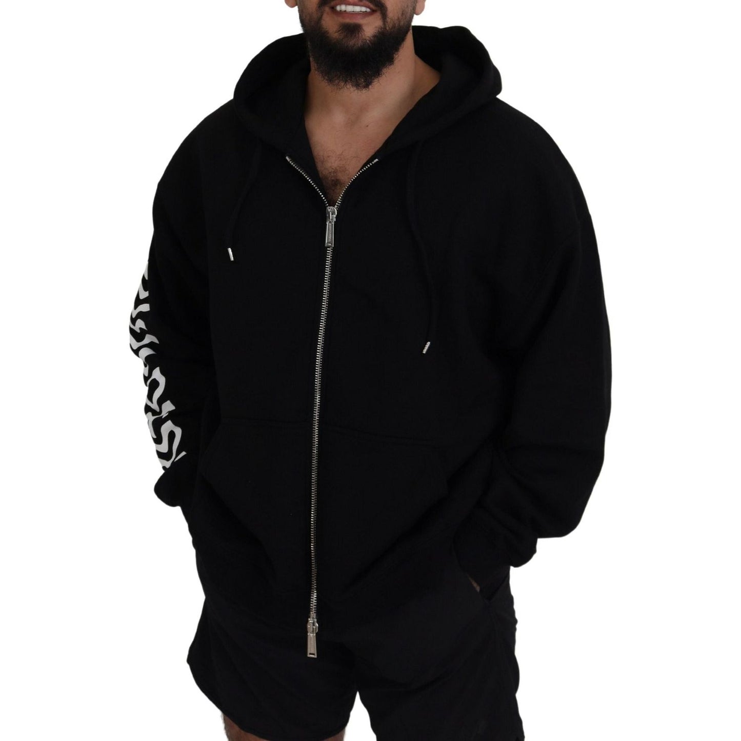 Dsquared² Black Hooded Full Zip Printed Sleeves Sweater black-hooded-full-zip-printed-sleeves-sweater