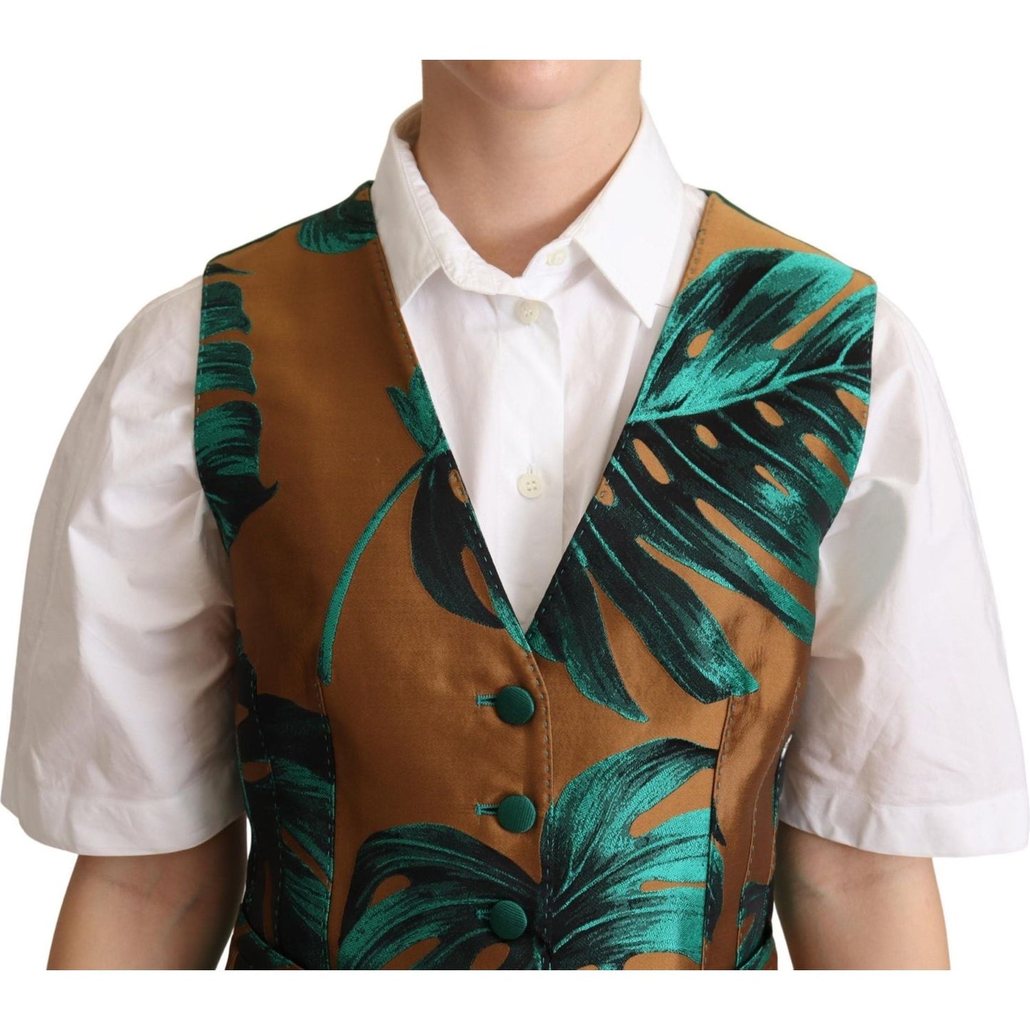 Dolce & Gabbana Elegant Green Leaf Print Waistcoat elegant-green-leaf-print-waistcoat