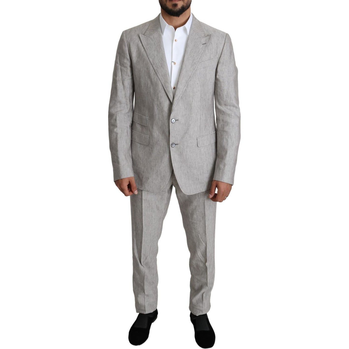 Dolce & Gabbana Elegant Slim Fit Gray Linen-Silk Suit gray-single-breasted-2-piece-linen-napoli-suit