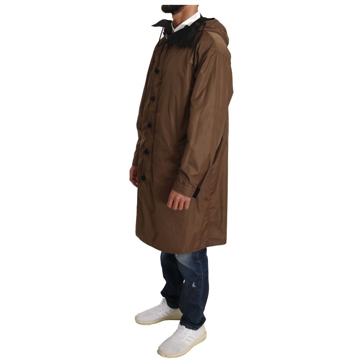 Dolce & Gabbana Elegant Reversible Hooded Raincoat Coats & Jackets black-brown-hooded-reversible-raincoat