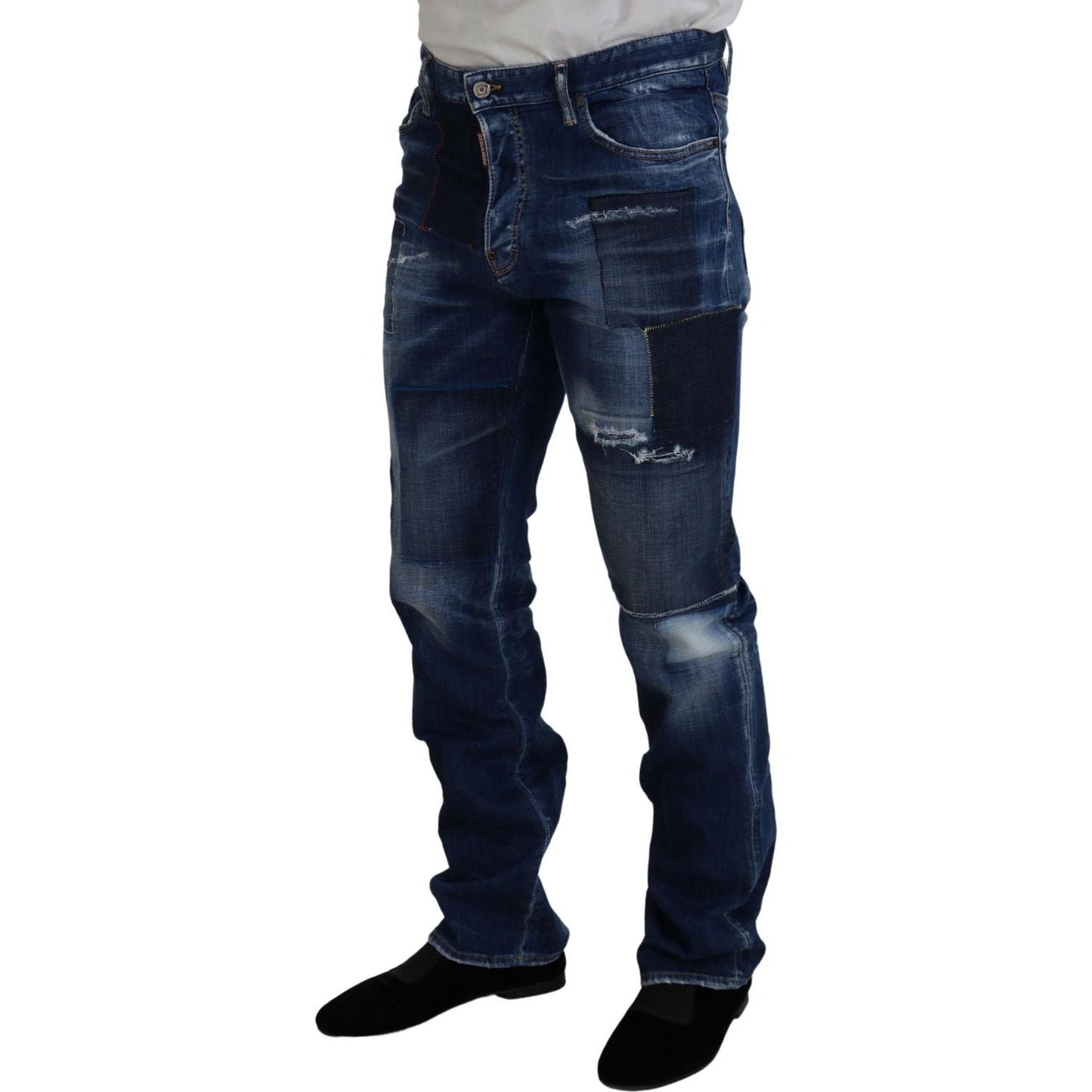 Dsquared² Blue Washed Patchwork Straight Fit Denim Jeans blue-washed-patchwork-straight-fit-denim-jeans