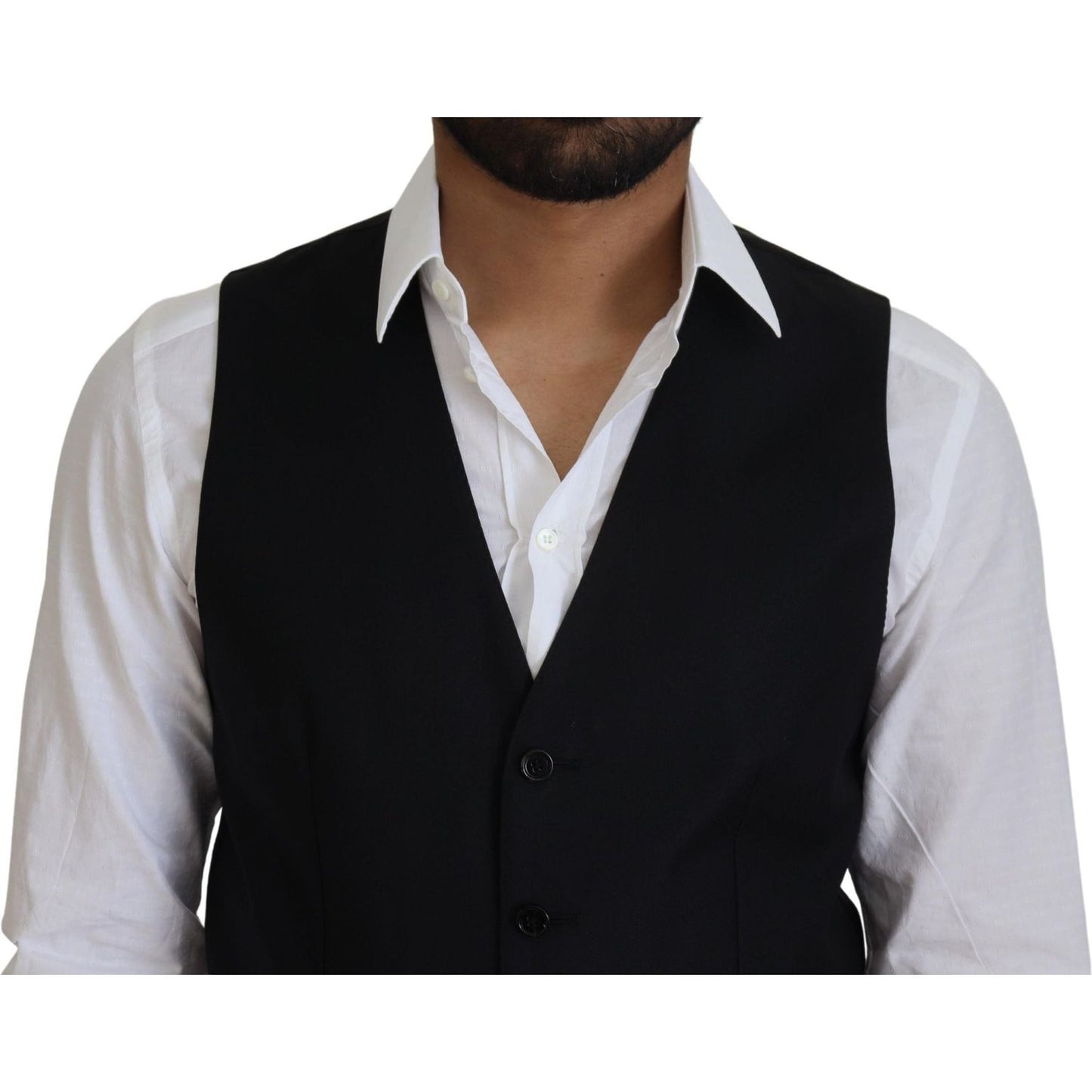 Dolce & Gabbana Elegant Black Formal Wool-Silk Dress Vest black-wool-stretch-waistcoat-formal-vest-2