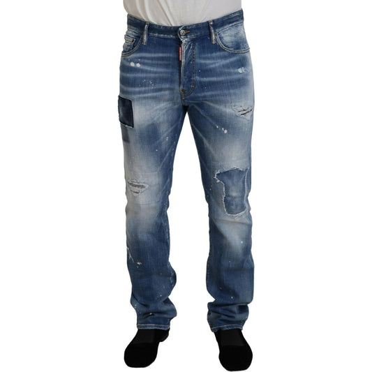 Dsquared² Blue Washed Tattered Straight Fit Casual Denim Jeans blue-washed-tattered-straight-fit-casual-denim-jeans
