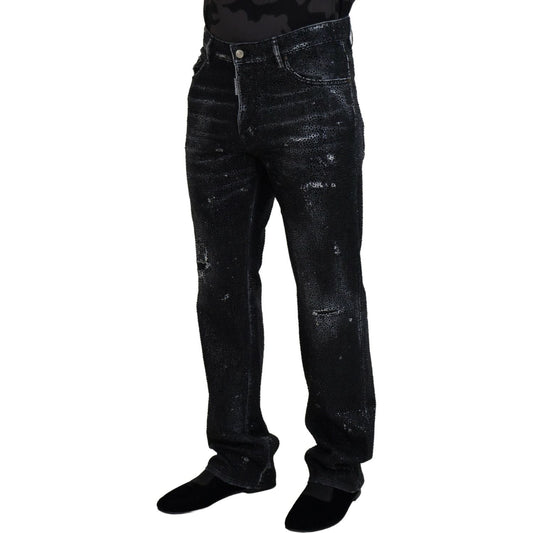 Black Crystal Embellished Tattered Denim Jeans