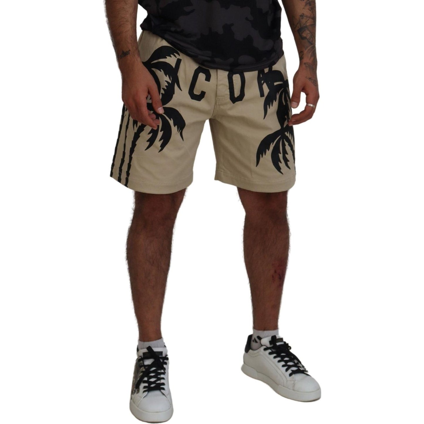 Dsquared² Beige Cotton Logo Printed Above Knee Shorts beige-cotton-logo-printed-above-knee-shorts