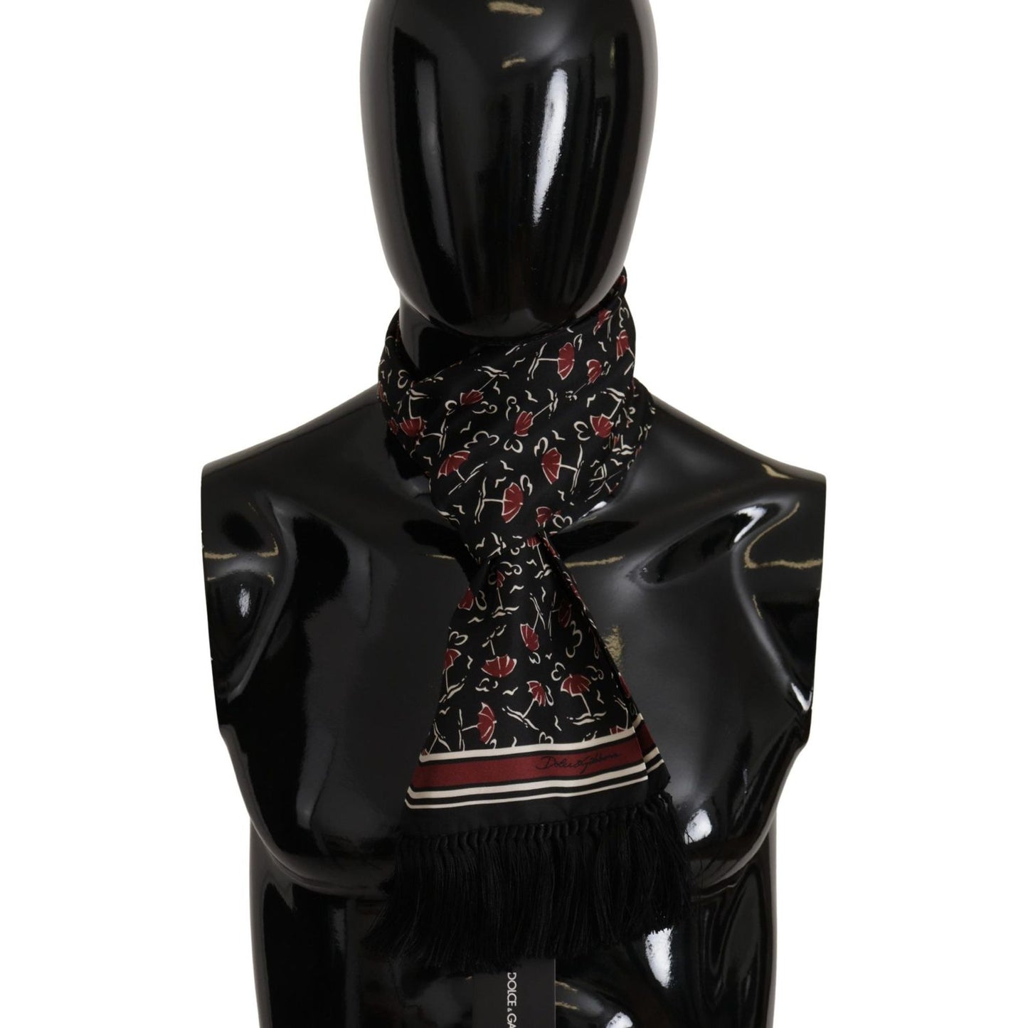 Dolce & Gabbana Elegant Silk Men's Scarf Wrap - Black and Red black-red-umbrellas-patterned-shawl-fringe-scarf