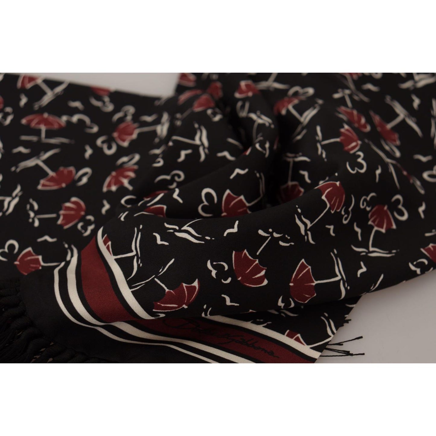 Dolce & Gabbana Elegant Silk Men's Scarf Wrap - Black and Red black-red-umbrellas-patterned-shawl-fringe-scarf