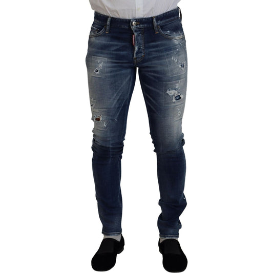 Dsquared² Blue Washed Cotton Tattered Skinny Denim Jeans blue-washed-cotton-tattered-skinny-denim-jeans