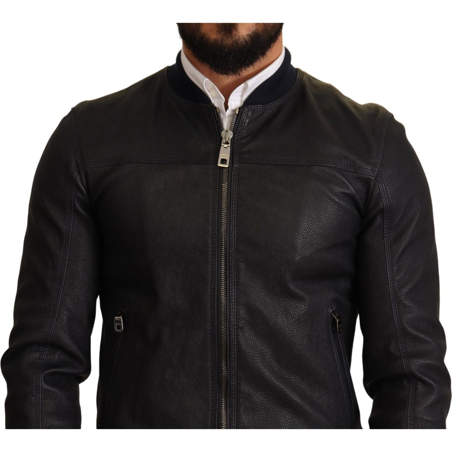 Dolce & Gabbana Elegant Leather Bomber Jacket in Dark Blue blue-leather-full-zip-bomber-men-jacket