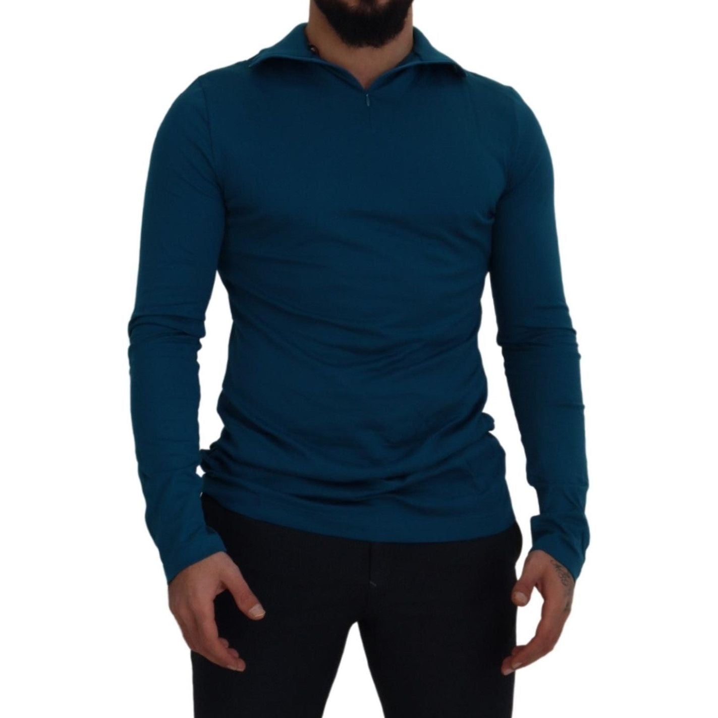 Dolce & Gabbana Elegant Blue Cotton Pullover Sweater blue-cotton-collared-slim-pullover-sweater