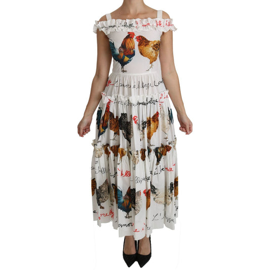 Dolce & Gabbana | Elegant White Rooster Print Sheath Midi Dress| McRichard Designer Brands   