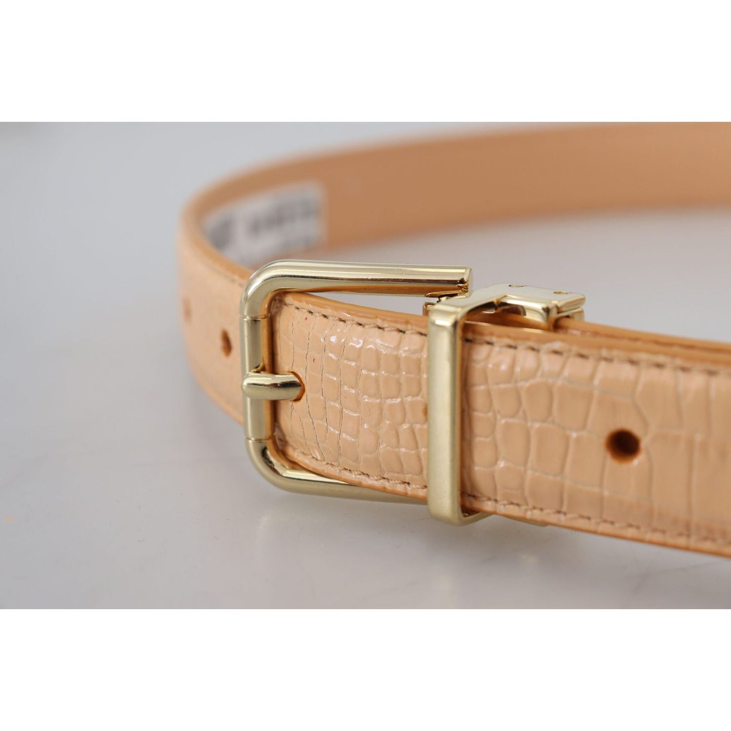 Beige Exotic Leather Gold Metal Buckle Belt