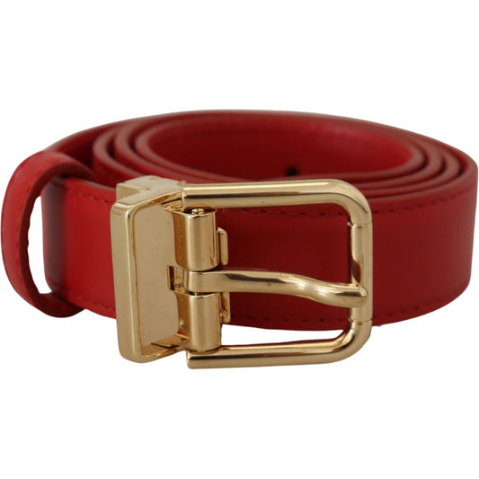 Red Calfskin Leather Gold Metal Buckle Belt
