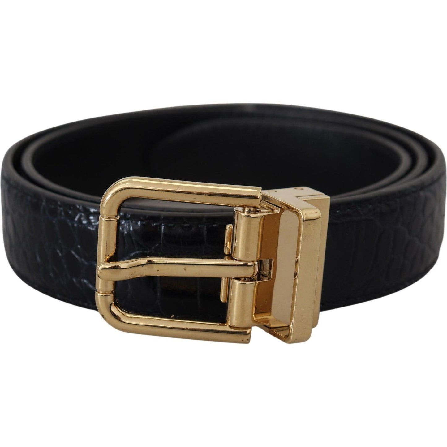 Black Exotic Leather Gold Metal Buckle Belt