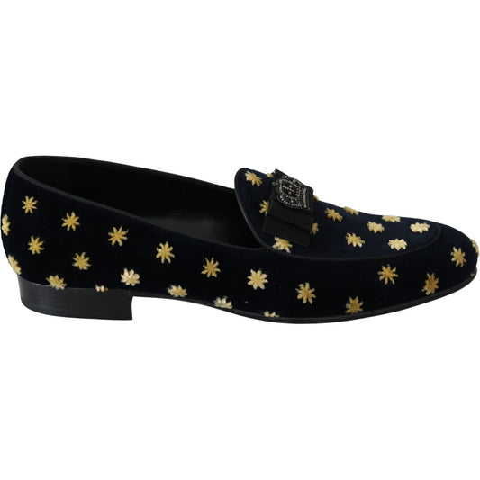 Dolce & Gabbana Elegant Velvet Crown Embroidery Loafers blue-velvet-crown-slippers-loafers-shoes