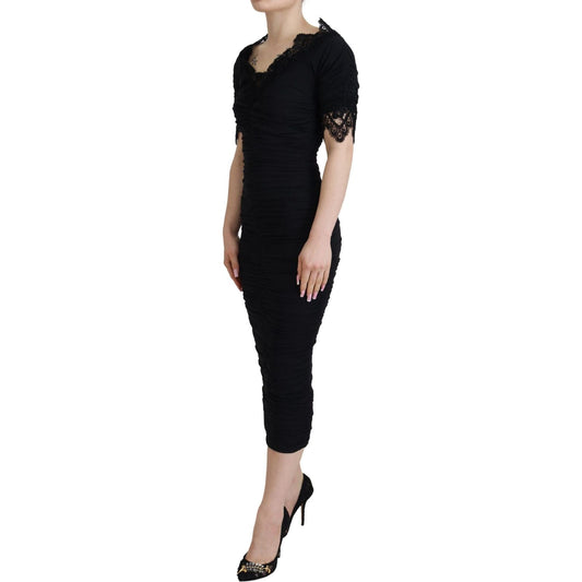 Dolce & Gabbana Elegant Sheath Short Sleeve Midi Dress black-sheath-midi-bodycon-lace-silk-dress
