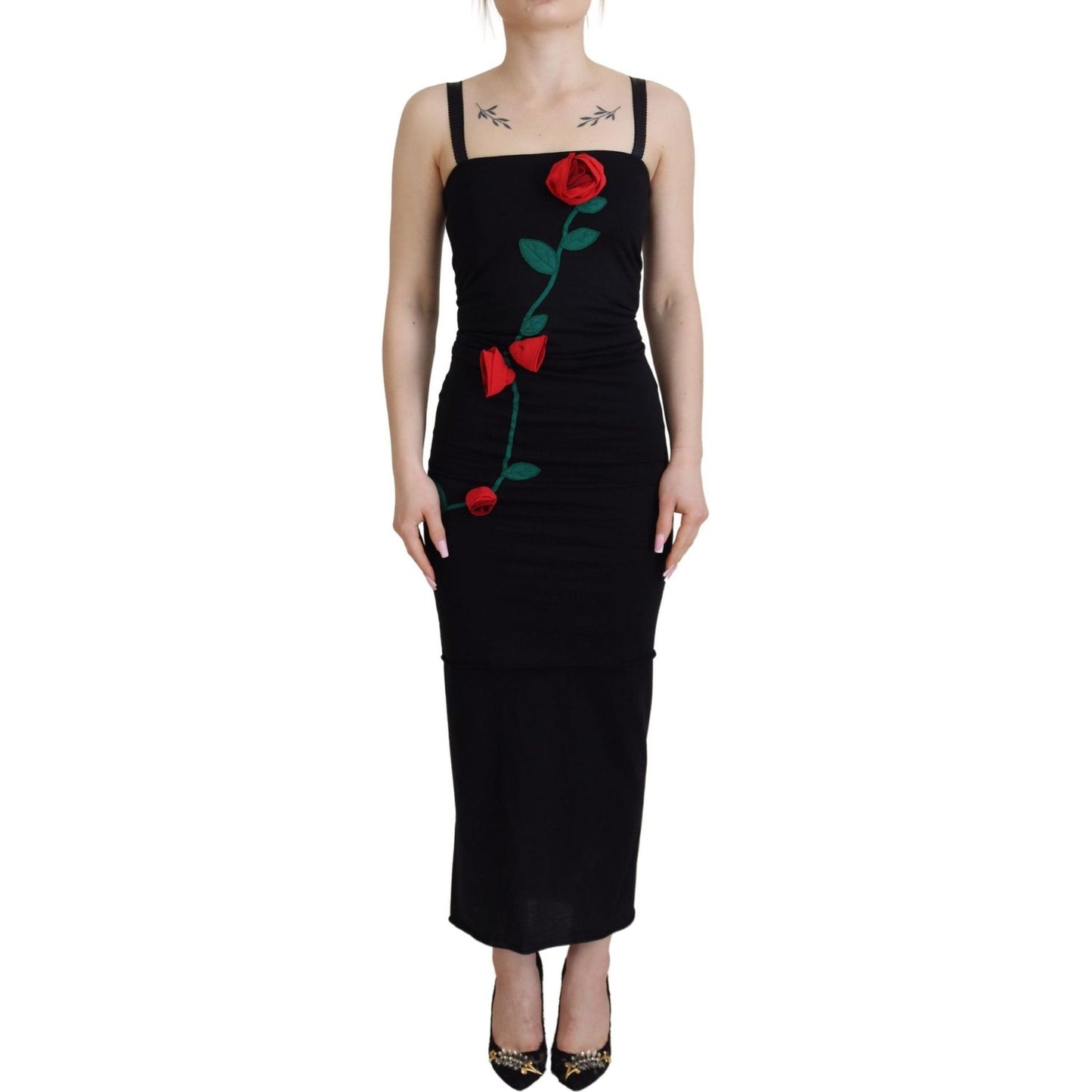 Dolce & Gabbana Elegant Embroidered Wool Bodycon Dress black-sheath-bodycon-stretch-roses-dress
